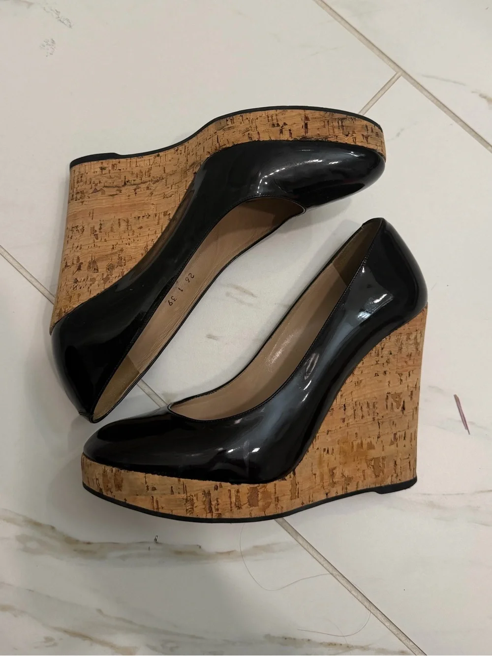 YSL - Black Patent Cork Wedge Pumps - 39